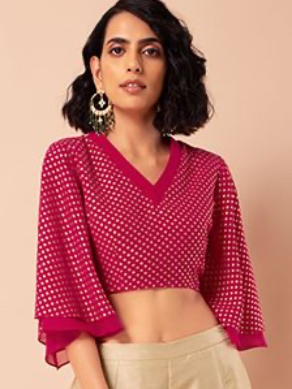 Pink Polka Foil Print Bell Sleeve Crop Top